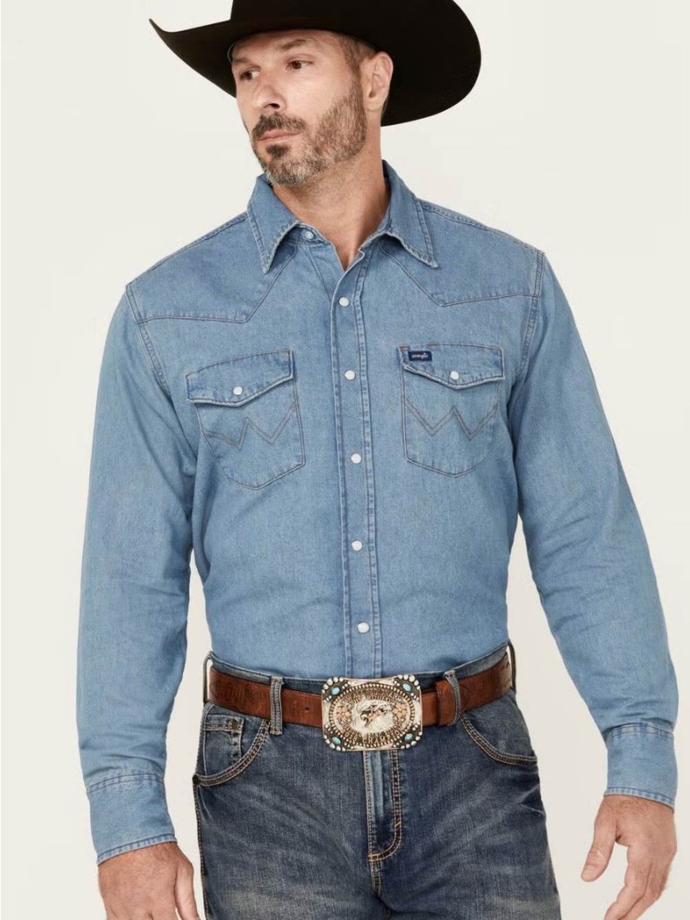 Wrangler Men’s Stonewash Denim Long Sleeve Work Shirt,Size S,100% Cotton